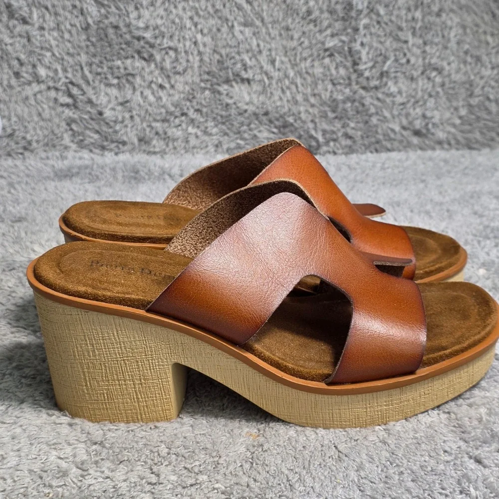 Pierre Dumas Platform‎ Slide Sandals Heeled Cognac Brown Womens 9 NEW
